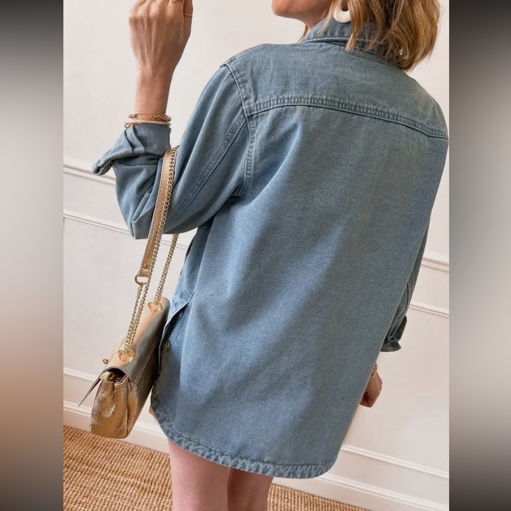089- Denim Buttoned Pocketed Jacket with Rounded Hem - Picture 2 of 2
